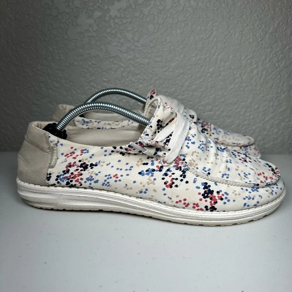 Hey Dude Womens Wendy Pois Beige Tan Sneakers Shoes White Walking Abstract 9